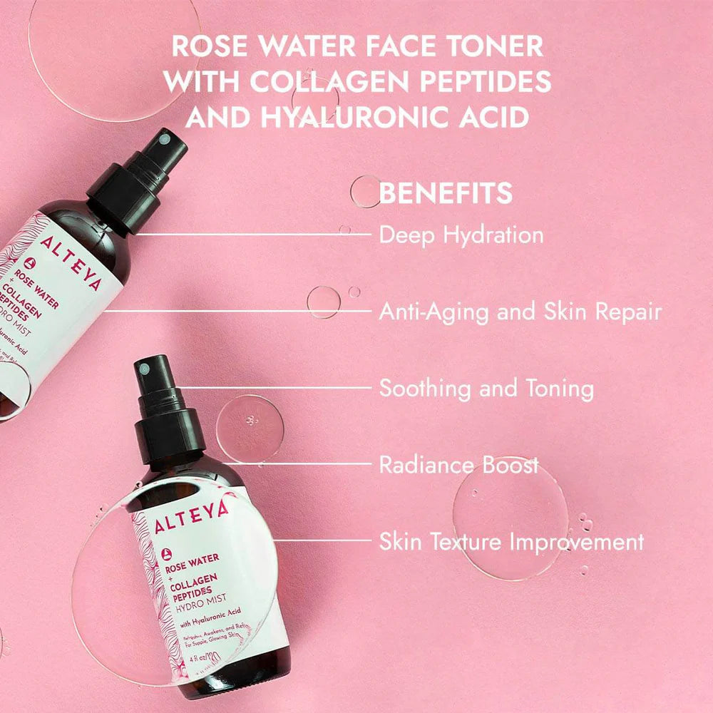 Rose Water Face Mist with Collagen Peptides and Hyaluronic Acid