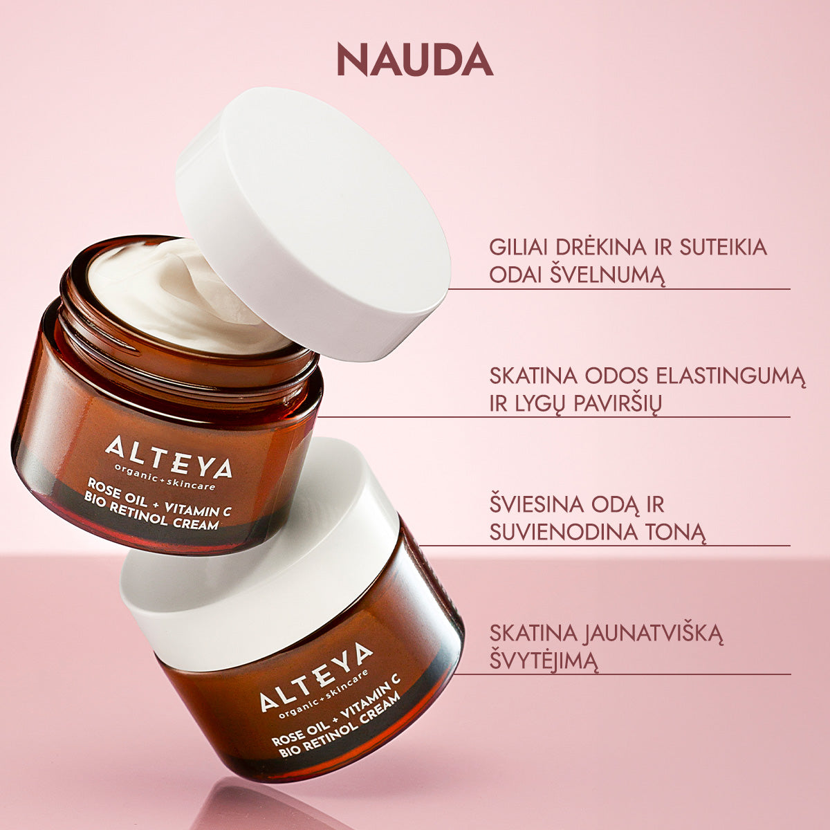 Ekologiškas veido kremas su rožių aliejumi, vitaminu C ir augaliniu retinoliu „Luminous Rose"