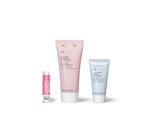 Alteya Organics kosmetikos rinkinys ,,Damasko rožių švelnumas rankoms ir lūpoms"